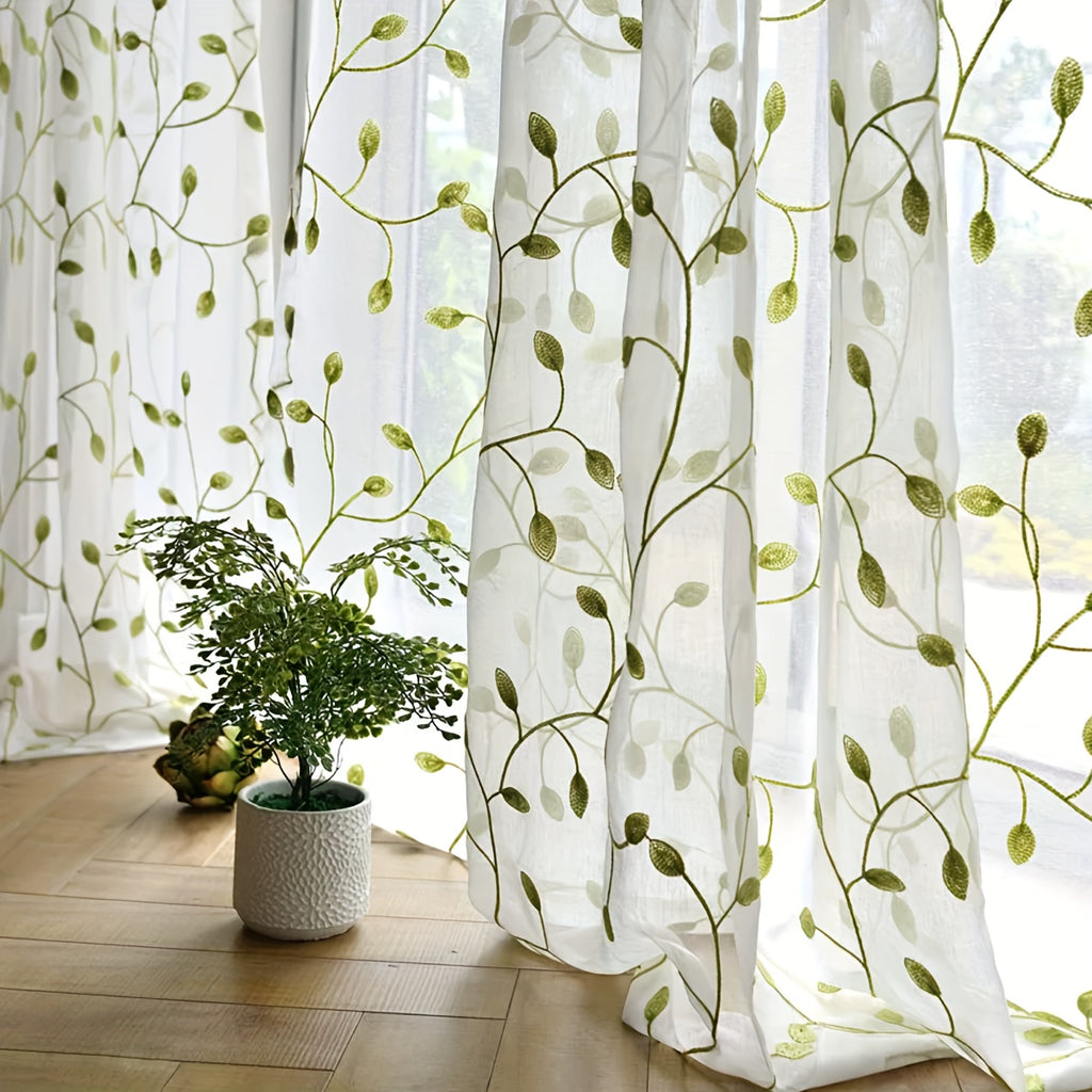 Ivy Leaf Embroidery Sheer Curtains Set of 2, White Gauze Green Botanical Rod Pocket Panels for Living Room Bedroom, 3 Sizes