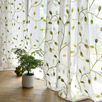 Ivy Leaf Embroidery Sheer Curtains Set of 2, White Gauze Green Botanical Rod Pocket Panels for Living Room Bedroom, 3 Sizes