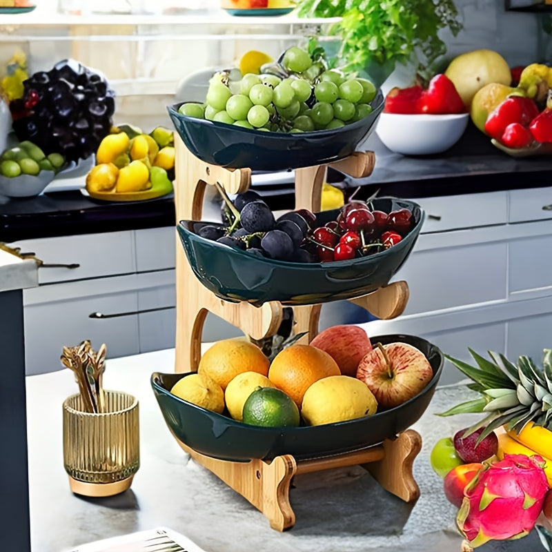 Tiered Fruit Basket Bowl 2-3 Layer Bamboo Wood Stand Kitchen Counter Serving Tray Snack Candy Plate with Fork European Style