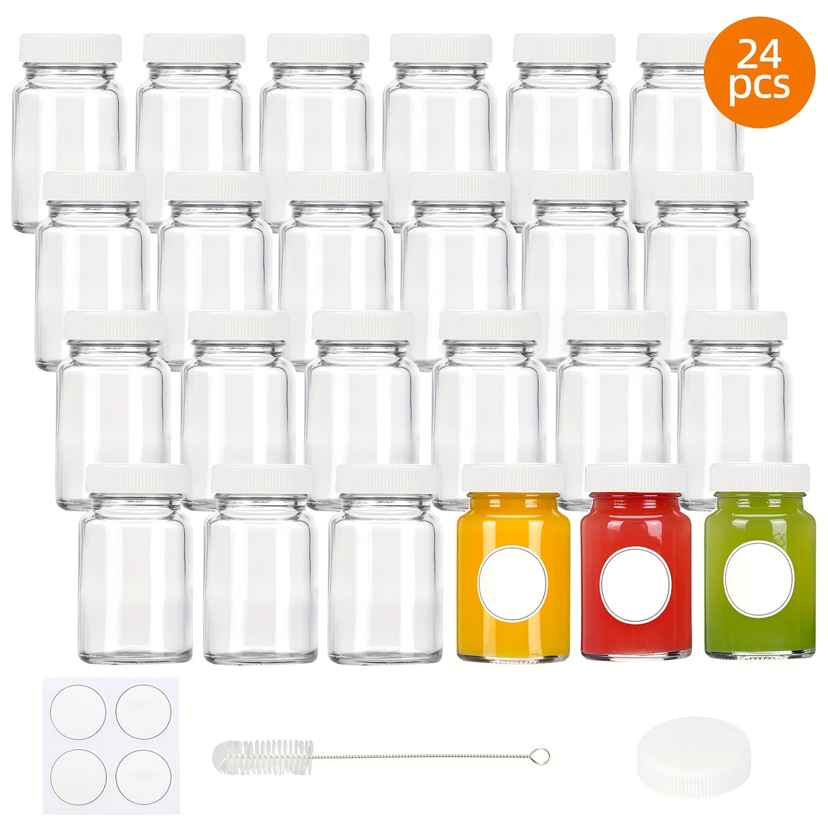 2oz Glass Shot Bottles with Caps 12/24 Pack – Mini Ginger Shot Juice Bottles with Lids, Waterproof Stickers & Brush, Potion Oil Party Mugs, 1.8x2.95 Inch