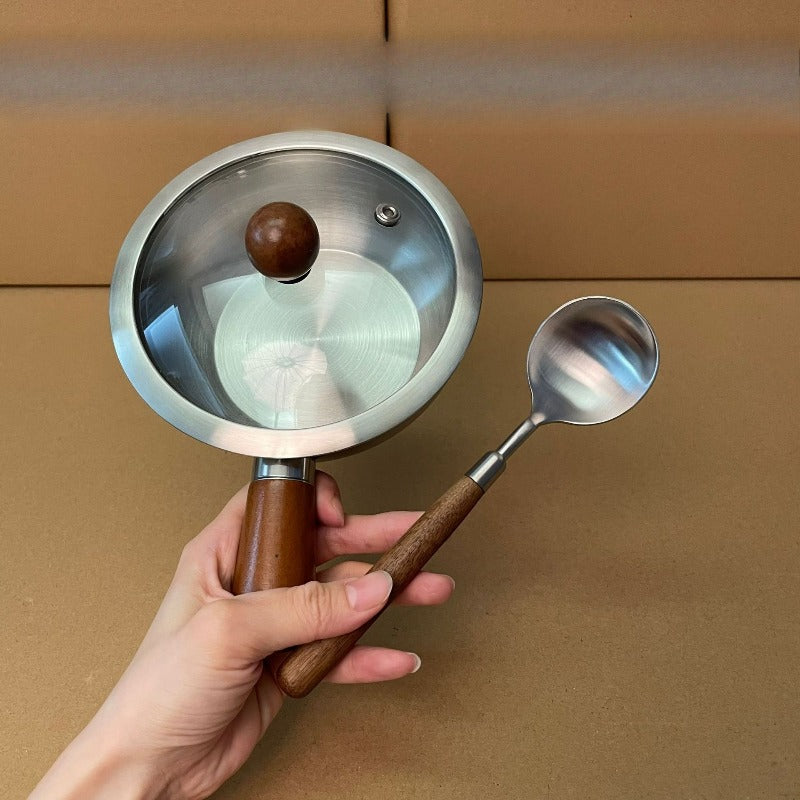 304 Stainless Steel Uncoated Small Frying Pan with Walnut Handle – Physical Non-Stick, Healthy & Durable | Uniform Heat | Easy to Clean | Breakfast, Salad & Dessert
