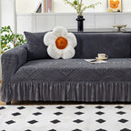 280 GSM Velvet Jacquard Sofa Cover One-Piece Full-Coverage Ruffle Detail Washable High Elastic Slipcover for 1 2 3 4 Seater L-Shape Corner Sofa Armchair Couch Protector Grey