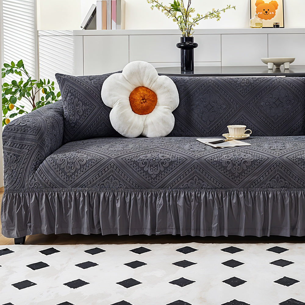 280 GSM Velvet Jacquard Sofa Cover One-Piece Full-Coverage Ruffle Detail Washable High Elastic Slipcover for 1 2 3 4 Seater L-Shape Corner Sofa Armchair Couch Protector Grey