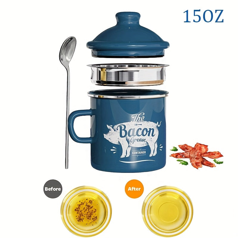 Stainless Steel Grease Container with Strainer and Spoon 15oz Cooking Oil Storage Jar Kitchen Essential Christmas Gift