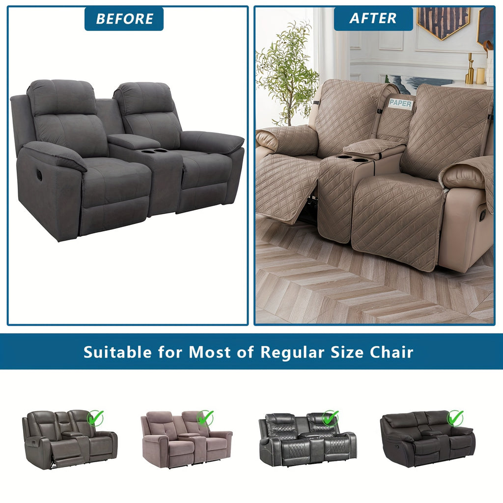 Recliner Loveseat Cover with Console 4-Piece Chenille Quilted Waterproof Slipcover | Non-Slip Pet Scratch Resistant Sofa Protector with Cup Holder Pocket, 9 Colors