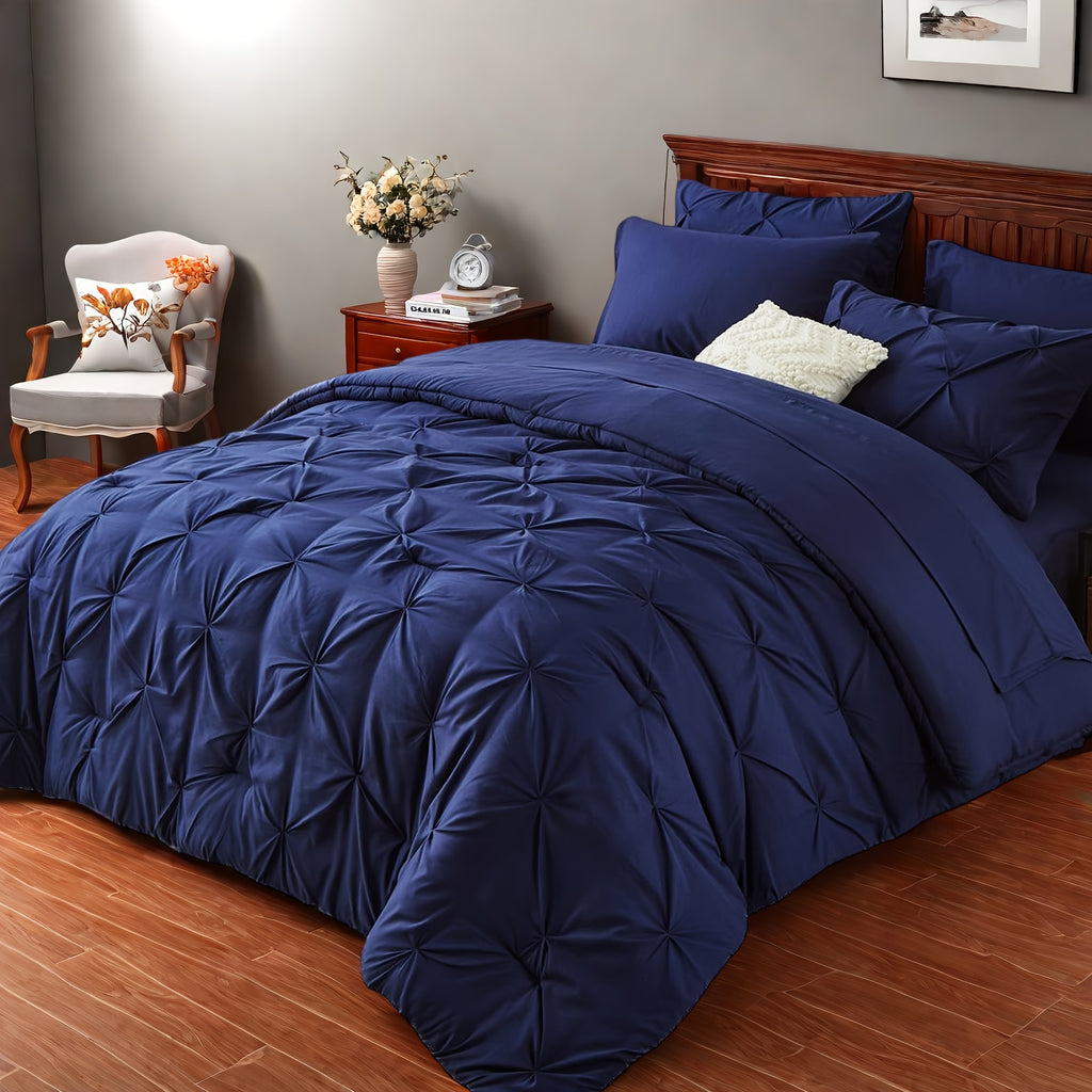 Luxury Pleated Comforter Set 5/7 Pcs – Soft Plush Fiber Fill, Quilted Comforter, Fitted Sheet, Flat Sheet, Pillowcases & Shams, Twin Full Queen King Year-Round Bedding