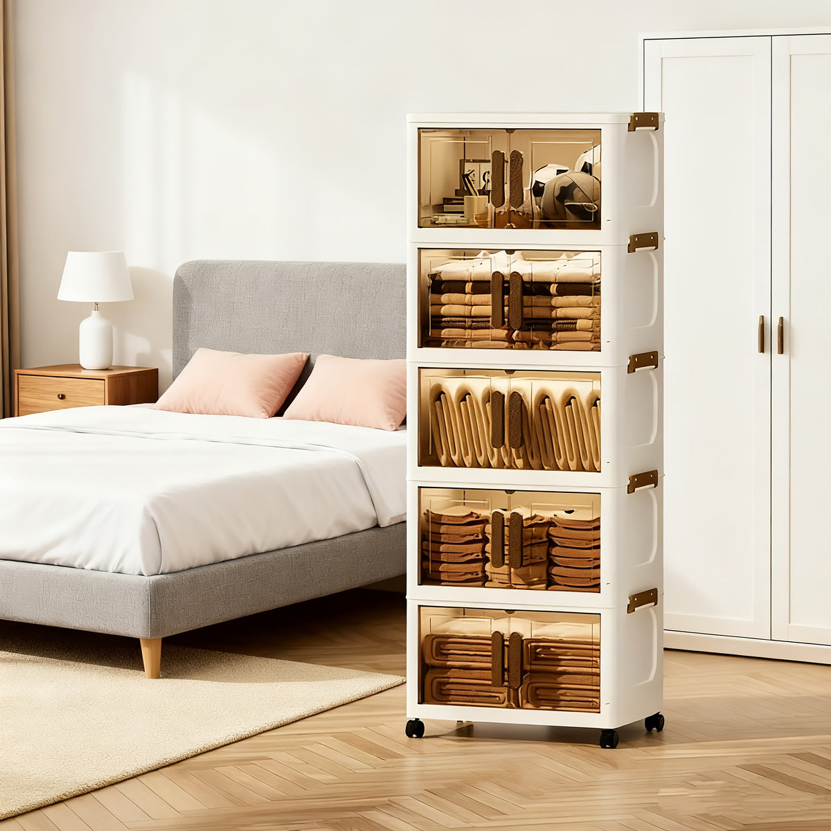 Stackable Plastic Drawer Organizer with Wheels 29 Gallon Extra Large Transparent Storage Cabinet – 3/4/5 Layer Foldable Drawers for Bedroom Closet Living Room