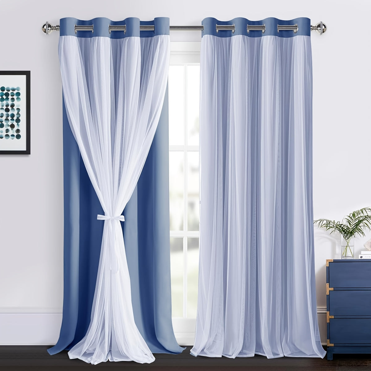Double Layer Blackout Curtains with Sheer Overlay 2 Panels - Grommet Top Thermal Insulated Mix & Match Window Drapes with Tiebacks for Bedroom Living Room, All Season