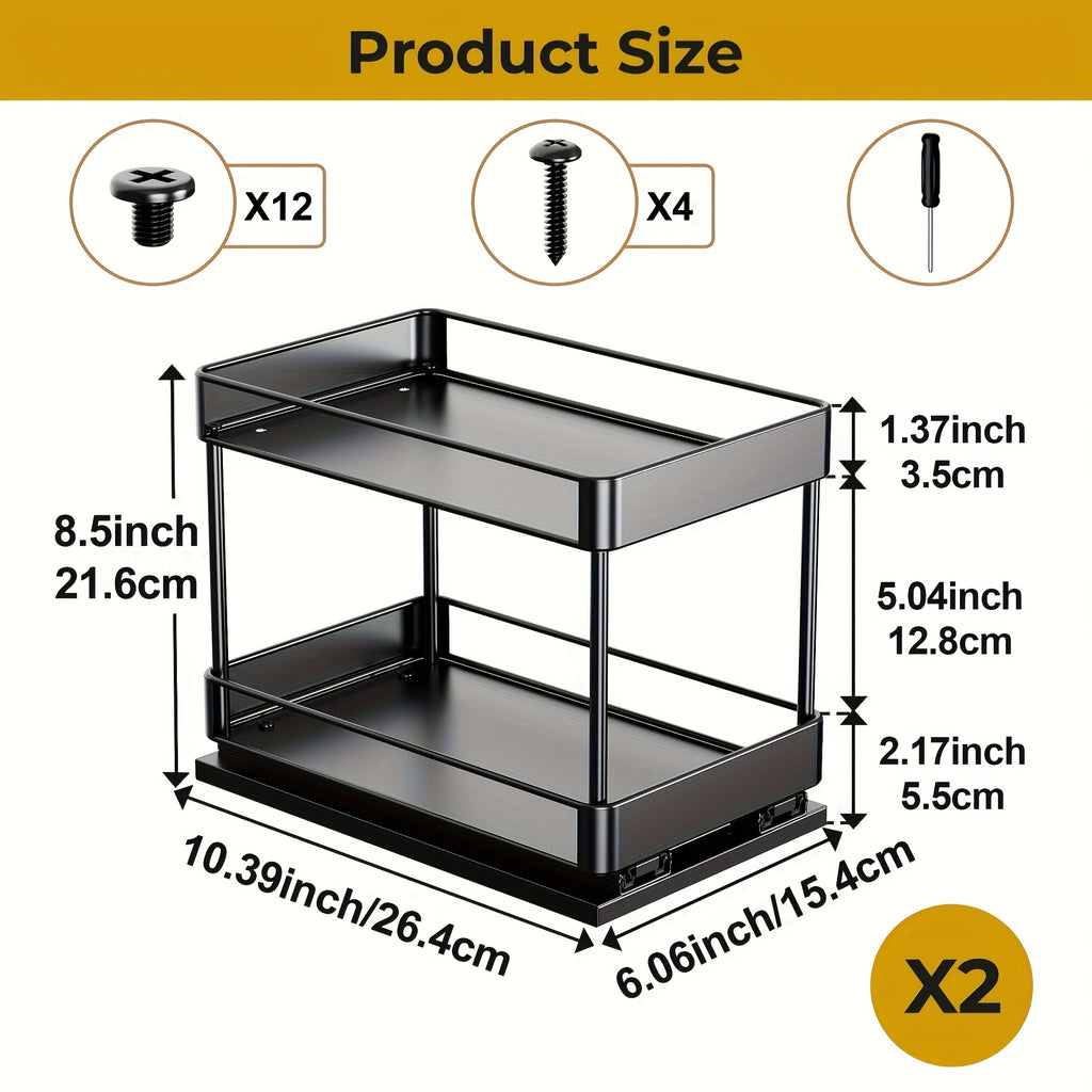 Pull Out Spice Rack Organizer 2 Pack Double Tier Adjustable Under Cabinet Sliding Spice Bottle Holder - Rust Resistant L-Shaped Kitchen Storage Black