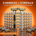 Men's Razor Shaving Kit 2 Handles 72 Blade Refills - Six-Layer Stainless Steel Safety Razor Set for Beard Mustache Grooming, Christmas Valentine Gift for Him