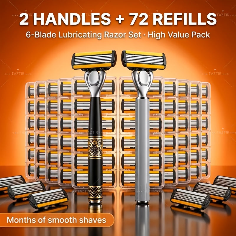 Men's Razor Shaving Kit 2 Handles 72 Blade Refills - Six-Layer Stainless Steel Safety Razor Set for Beard Mustache Grooming, Christmas Valentine Gift for Him