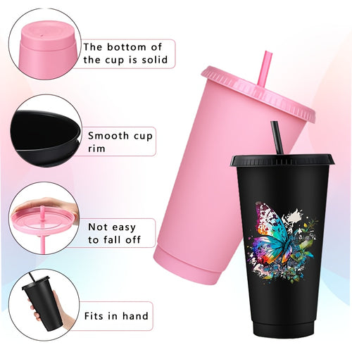 25-Pack Reusable Party Cups 24oz with Lids, Straws & Dust Plugs – Large Plastic Tumblers for Iced Coffee Smoothies Cold Drinks, Includes Cleaning Brush, Multiple Colors