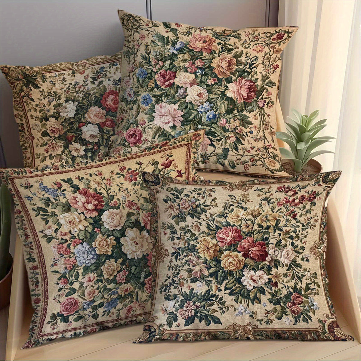 Vintage Floral Pillow Covers Set of 4 | Soft Decorative 18x18 Inch Cushion Cases with Zipper for Living Room Bedroom Porch Patio Office — Classic Botanical Print