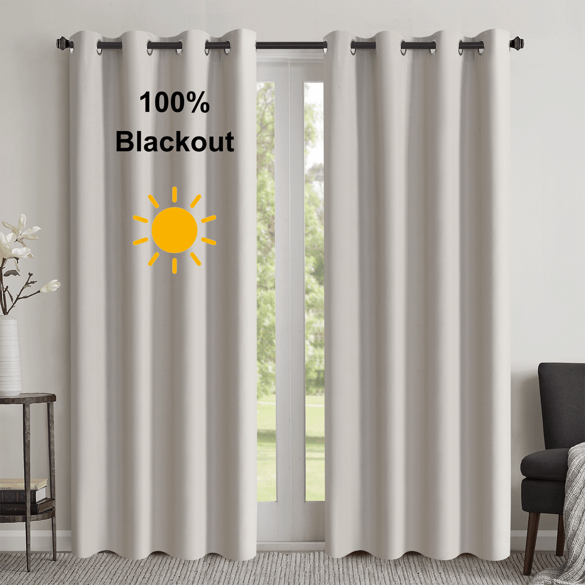 100% Blackout Solid Color Grommet Curtains 2 Panels - Lightweight Thermal Insulated Noise Reducing Light Blocking Drapes in Gray Beige Pink, 52W x 63 84 96 Inch, Bedroom Living Room