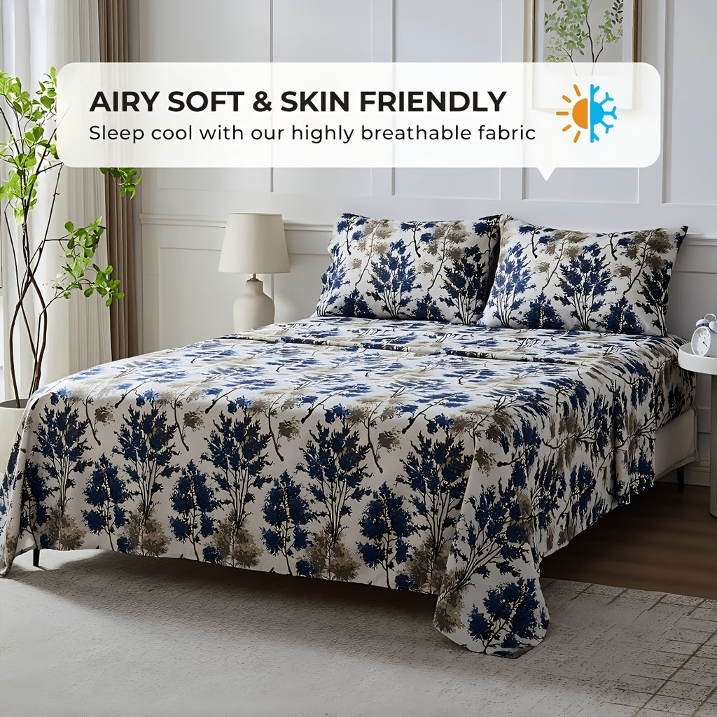 Floral Sheet Set – 4-Piece Soft Fitted & Flat Sheets with Pillowcases, Wrinkle-Resistant Bedding