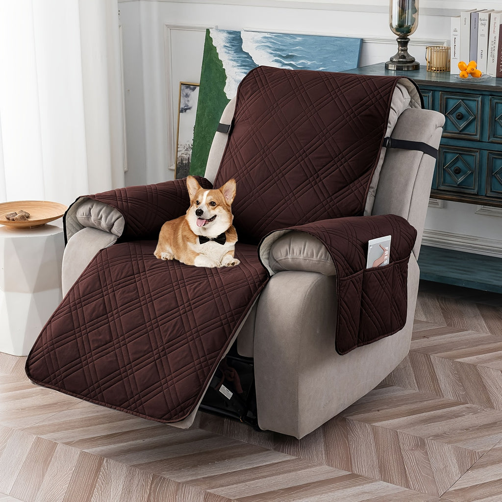 Waterproof Recliner Cover Pet Scratch-Resistant, 5-Layer Quilted Non-Slip Recliner Chair Slipcover with Pocket & Elastic Straps, Easy-Care Polyester Furniture Protector for Living Room, Bedroom & Office, Coffee/Gray