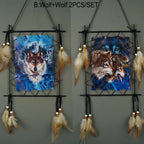 Wolf & Eagle Canvas Wall Art Set 2pc – Dream Catcher Style Framed Canvas Prints with Feather Accents for Living Room TV Wall Entryway Boho Decor
