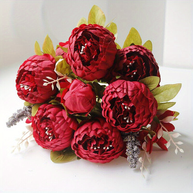 Artificial Peony Bouquet 13 Heads UV-Resistant Realistic Silk Flowers with Green Foliage Sturdy Stems Pink Red White Blue Purple Yellow Lavender Peach for Wedding Home Garden Office Indoor Floral Decor