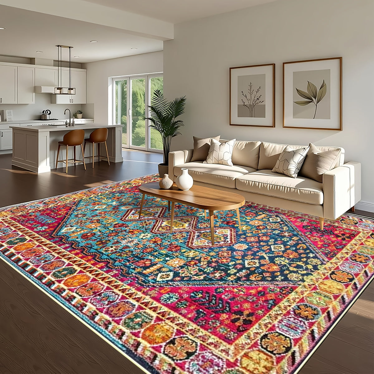 Bohemian Vintage Floral Area Rug – Ethnic Boho Floral Pattern Large Decor Mat for Living Room, Bedroom, Coffee Table & Tea Room, Exotic Vintage Home Decor, 6 Sizes