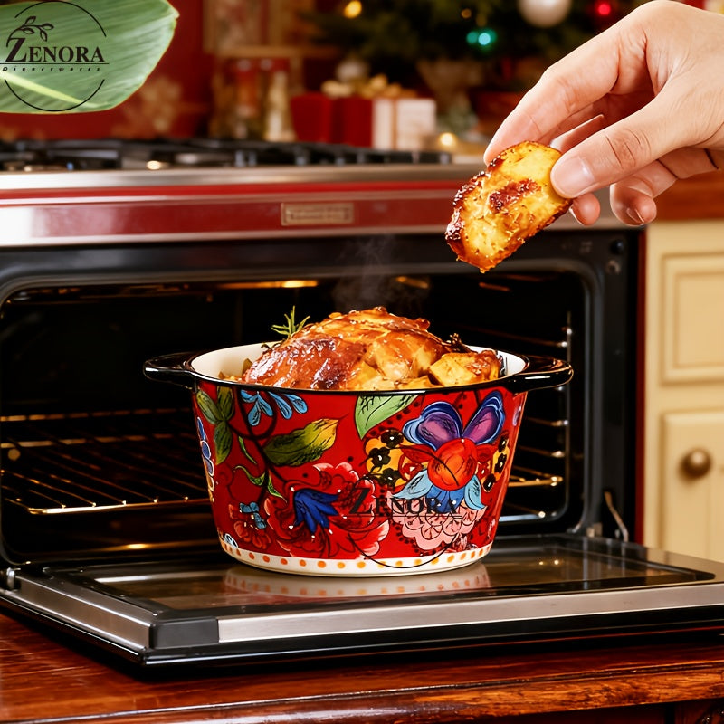 Giant Bohemian Hand-Painted Ceramic Bowl with Handles 101oz – Extra Large Microwave Oven Dishwasher Safe Serving Bowl for Soup, Salad & Family Dining – 2 or 4 Piece Set