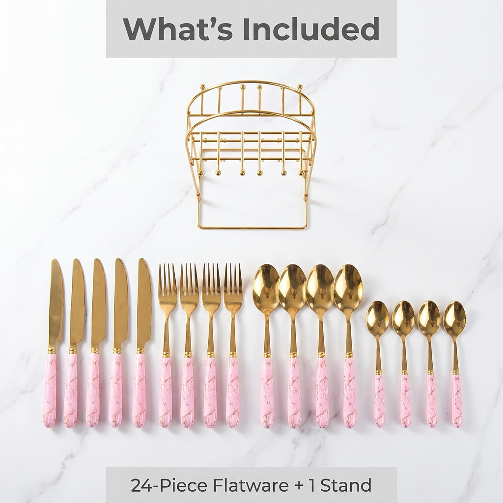 24-Piece Marble Pattern Stainless Steel Flatware Set Western Steak Knife Fork Spoon with Gift Box and Storage Rack