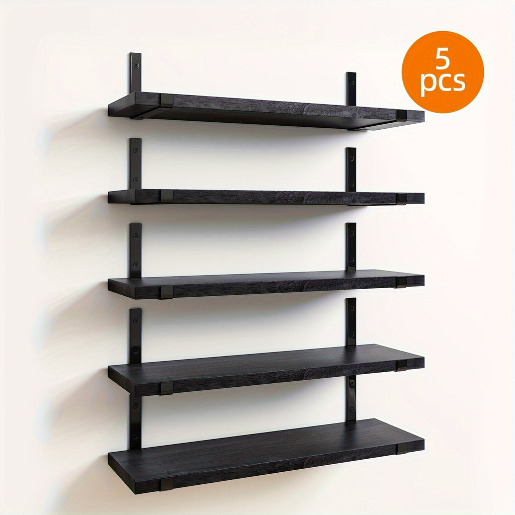 Rustic Floating Shelves Set of 5 Wood Wall Shelves 15.8x4.7 Inch for Bedroom Living Room Kitchen Bathroom Office Plant Display Home Decor Dark Brown Light Brown Black Gold