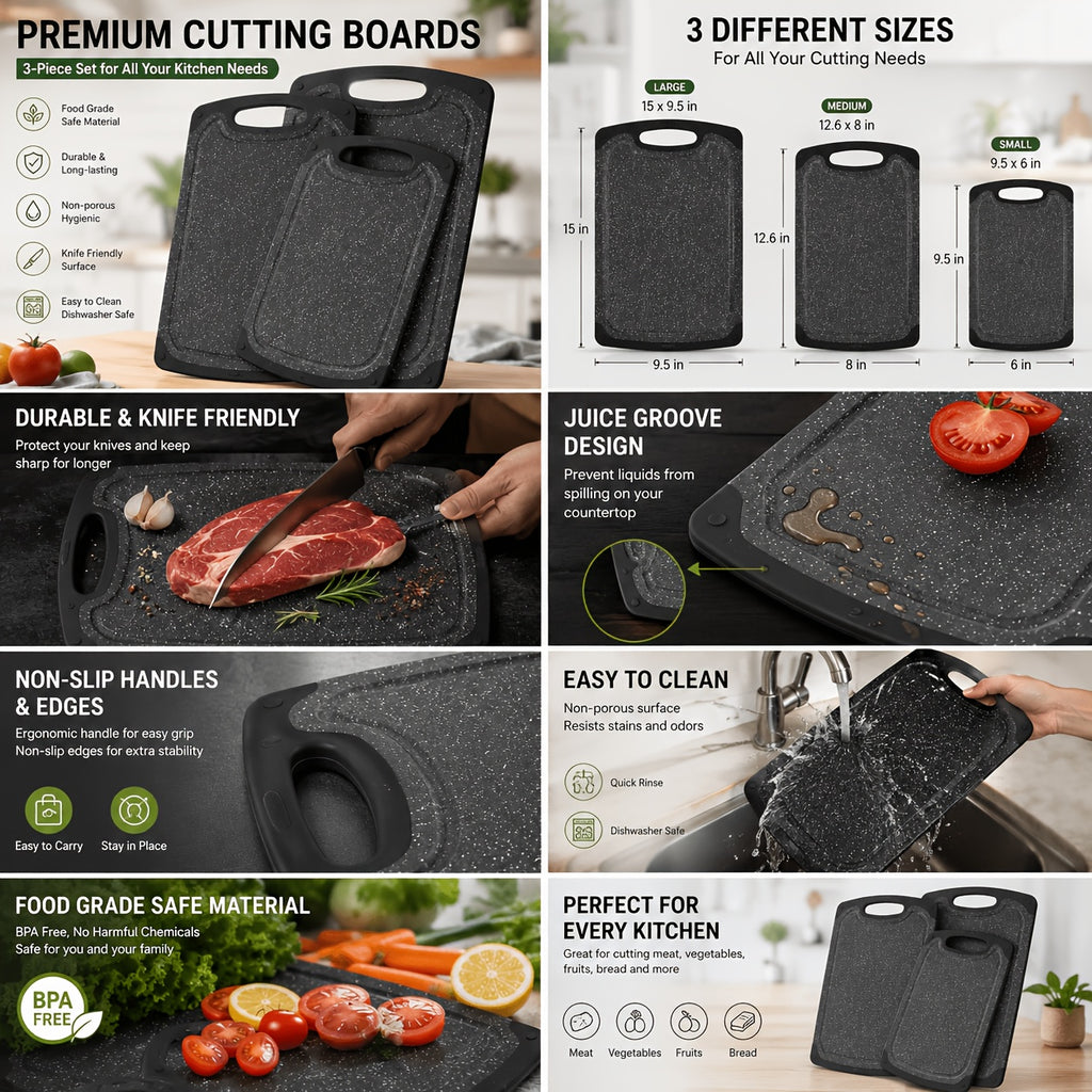 Cutting Board Set 3pcs, Non-Slip Kitchen Chopping Boards with Juice Groove, Dishwasher Safe, Durable BPA-Free Boards for Meat, Vegetables & Fruit, Kitchen Essential & Great Housewarming Gift