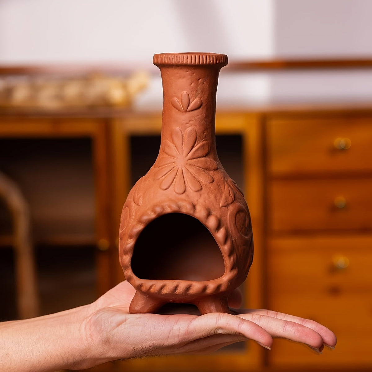 Ceramic Chiminea Incense Holder with Palo Santo Design – Handcrafted Terracotta Mini Chiminea Stick Burner for Meditation, Altar & Purification | Sage Texture Base