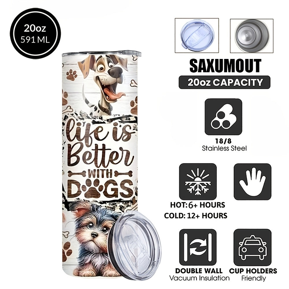 Stacked Dogs Graphic Insulated Tumbler 20oz - Stainless Steel Travel Cup with Lid & Straw for Hot & Cold Drinks, Cute Dog Lover Gift for Birthday, Halloween, Thanksgiving & Christmas