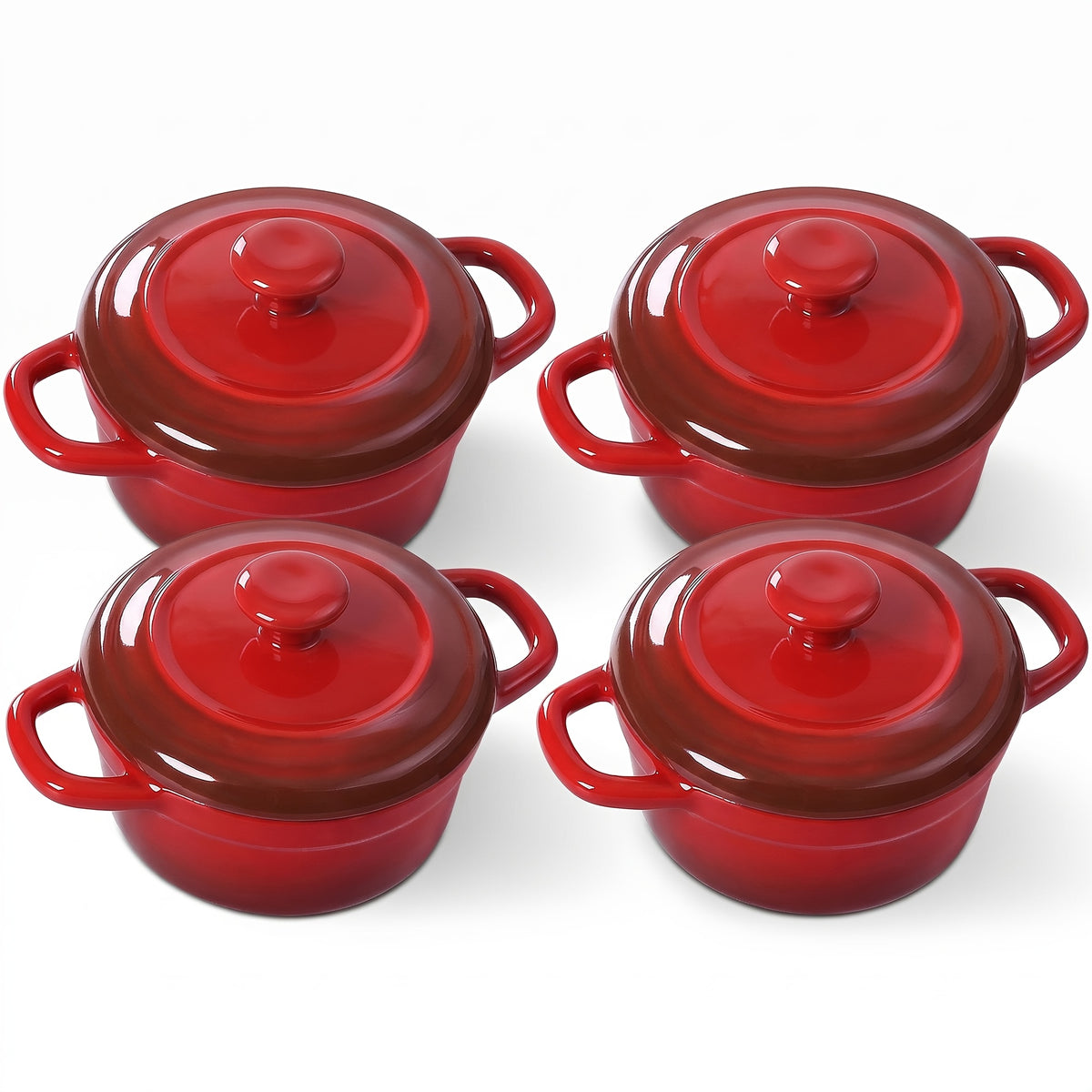 Mini Cocotte Set of 4 - 12oz Ceramic Casserole Dishes with Handles & Lids - Small Baking Ramekins Oven Microwave Dishwasher Safe, French Style Individual Serving Dishes, Red Blue White