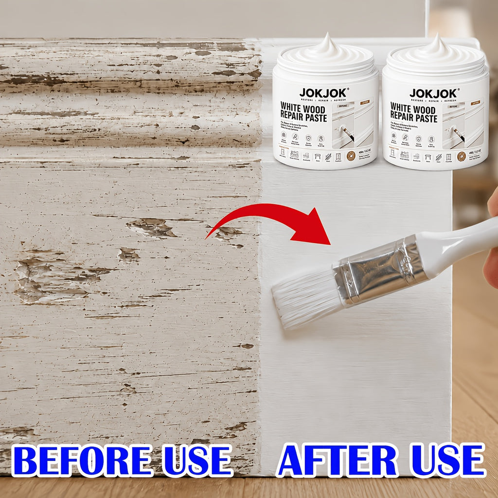 White Wood Repair Paste Kit with Paint Brush – Touch-Up Filler for Baseboards, Cabinets, Doors, Furniture & Wall Trim | Covers Scratches, Chips, Scuffs & Faded Spots | 2 or 3 Piece Set