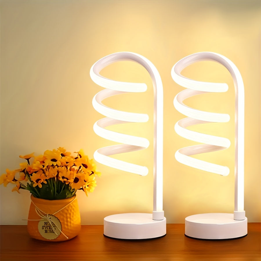 Modern Spiral Touch Table Lamp with USB-C Charging Port 3-Way Dimmable - Minimalist Bedside Lamp for Bedroom Living Room Desk - LED Bulb Included, Black & White, Single & 2-Pack