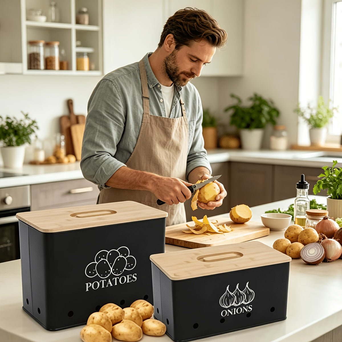 Potato and Onion Storage Bin 2-Pack Large Metal Kitchen Canisters with Bamboo Lid Flip Top for Vegetable Pantry Organization – Green Grey Black White