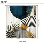 Bohemian Abstract Shower Curtain 72”×72” – Moon Phase Leaf Geometric Watercolor Bathroom Curtain | Boho Mid-Century Aesthetic Shower Decor in Blue & Green