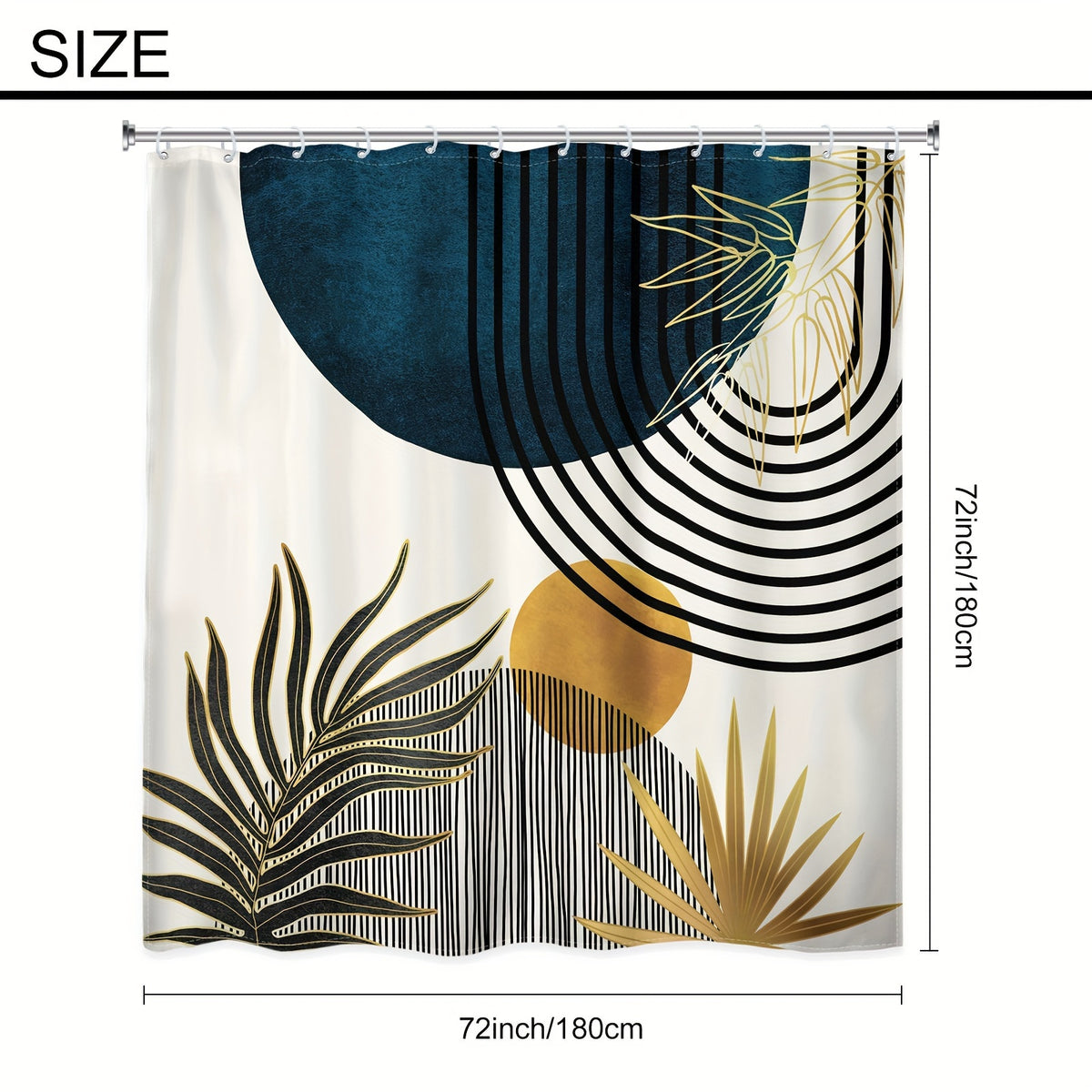 Bohemian Abstract Shower Curtain 72”×72” – Moon Phase Leaf Geometric Watercolor Bathroom Curtain | Boho Mid-Century Aesthetic Shower Decor in Blue & Green
