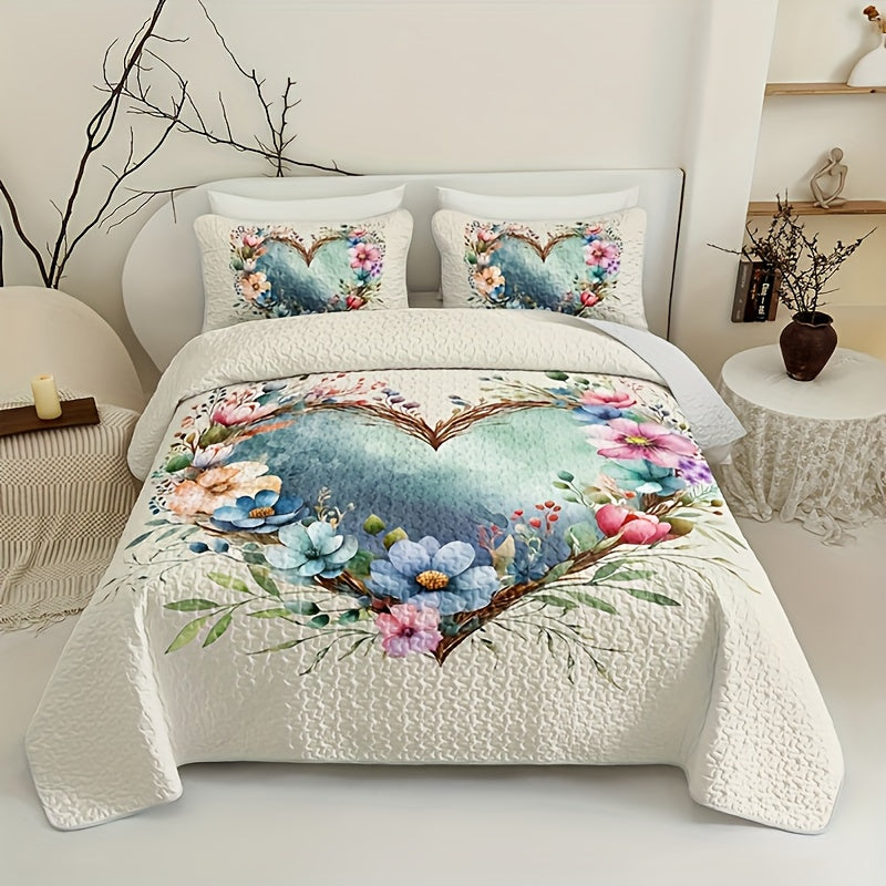 Floral Love Heart Quilted Bed Cover Set – 2 & 3 Piece Quilt & Pillowcases | Soft Breathable Hypoallergenic | Machine Washable | Twin, Full/Queen & King