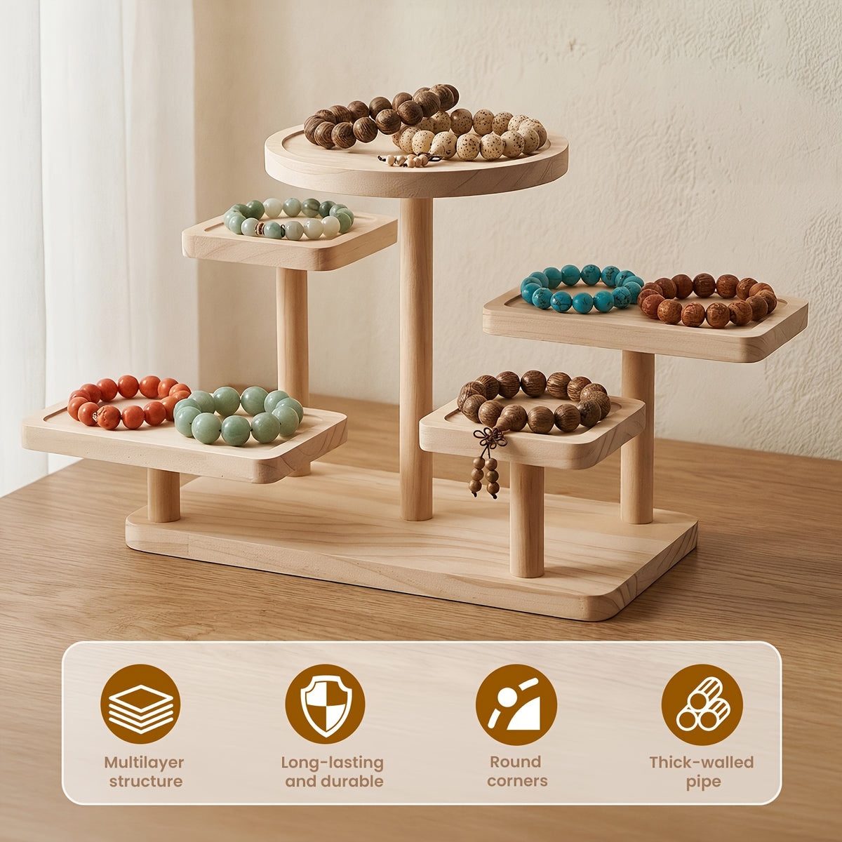 Multi-Tier Wooden Desk Organizer 5 or 6 Tray – Space-Saving Standing Shelf Rack for Cosmetics, Jewelry, Decor & Office Supplies