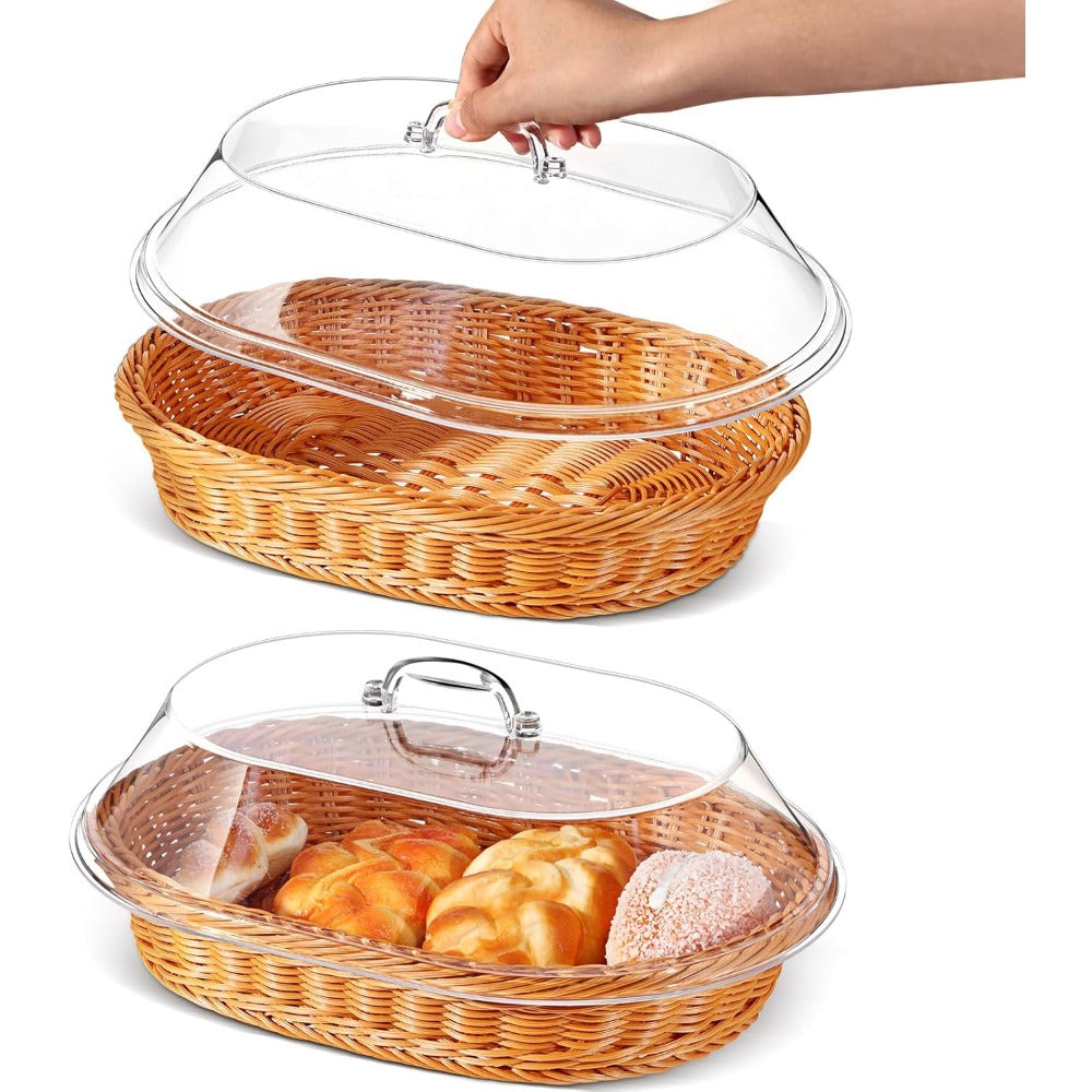 Oval Woven Rattan Bread Basket with Lid – Handcrafted Seagrass Food Basket for Serving, Storage & Display – Ideal for Bread, Fruit & Vegetables – Kitchen & Dining Decor, Tea & Beige