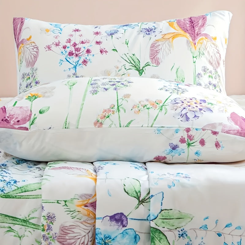 Floral Sheet Set 4 Piece – Fresh Natural Flower Plant Print Fitted Sheet Flat Sheet 2 Pillowcases, Soft Breathable All-Season Bedding for Bedroom & Dorm