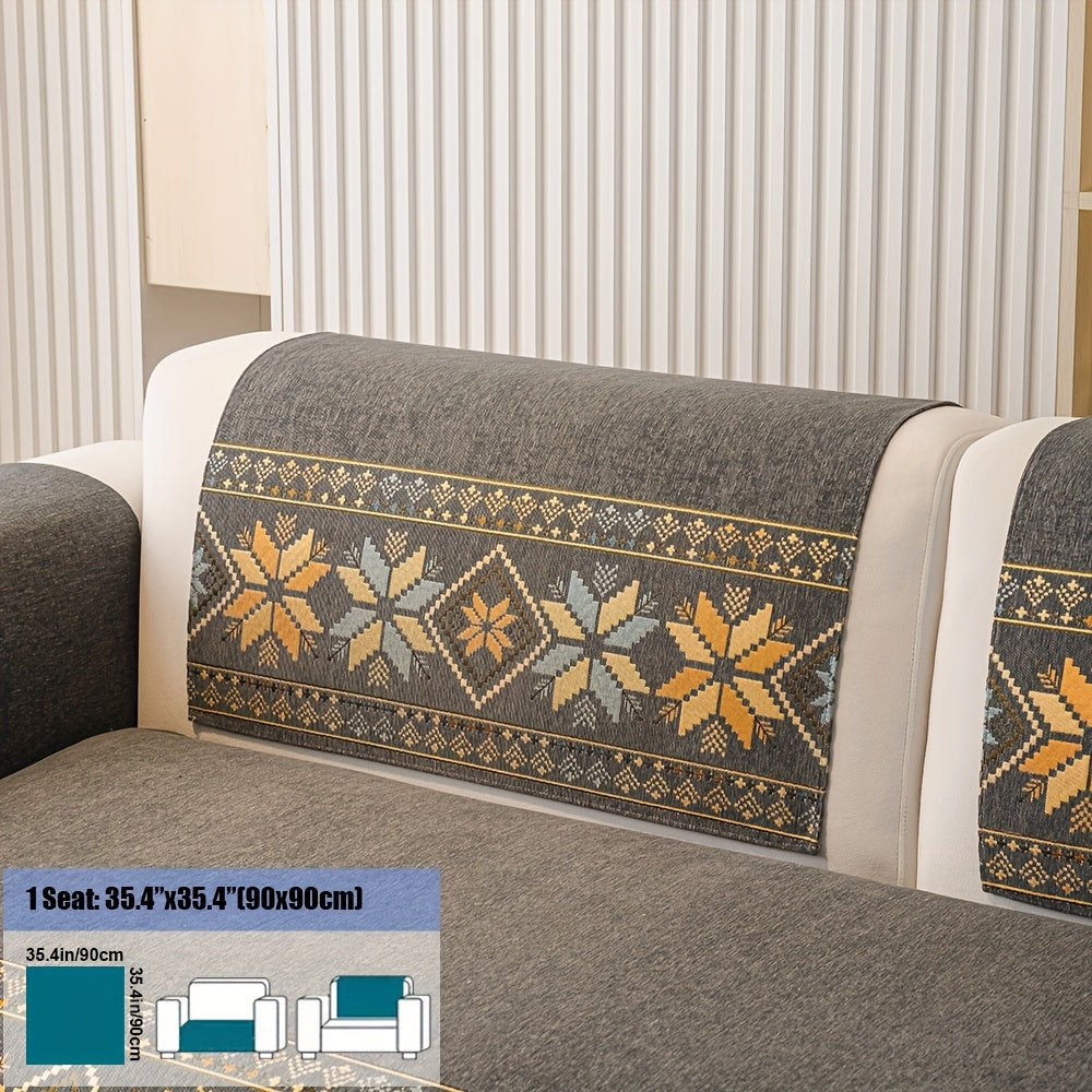 Chenille Sofa Slipcover Non-Slip Removable Couch Cover, 100% Polyester Boho Vintage Style Sofa Towel for 1 to 4-Seater Sofas & Armrests, Four Seasons Universal Home Decor in Dark Gray, Light Gray & Blue