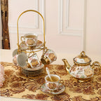 20-Piece Floral Porcelain Tea Set with Metal Holder & Teapot - European Ceramic Espresso Cup and Saucer Set, 3.3oz Cups 15oz Teapot, Afternoon Tea Gift for Golden Pink Purple Flower