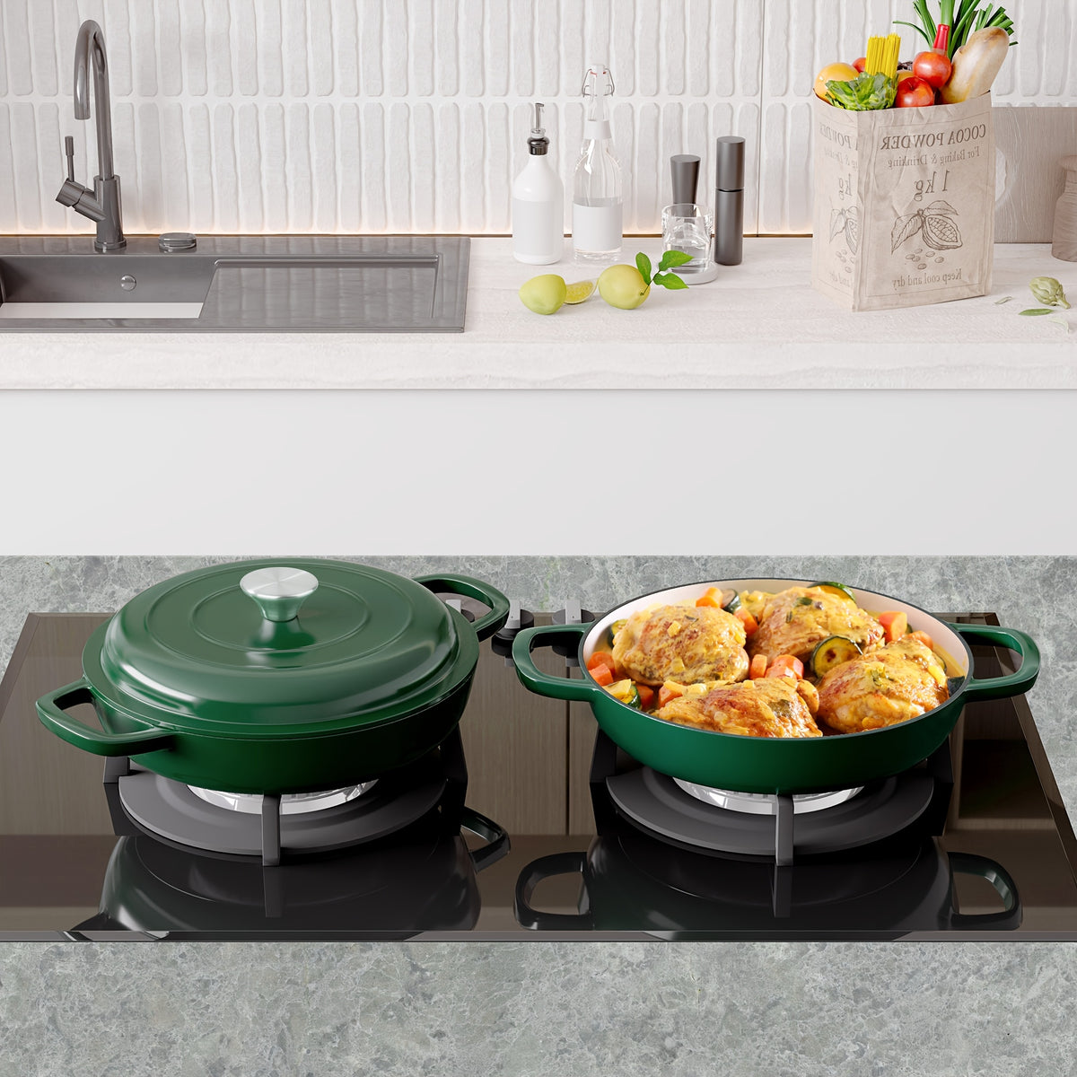 Enamel Cast Iron Dutch Oven 3QT with Lid – Shallow Wide Bottom, Double Handle, 4 Colors (Red, Blue, Green, Orange) | All Stove Types Compatible – Perfect for Cooking, Stewing & Braising