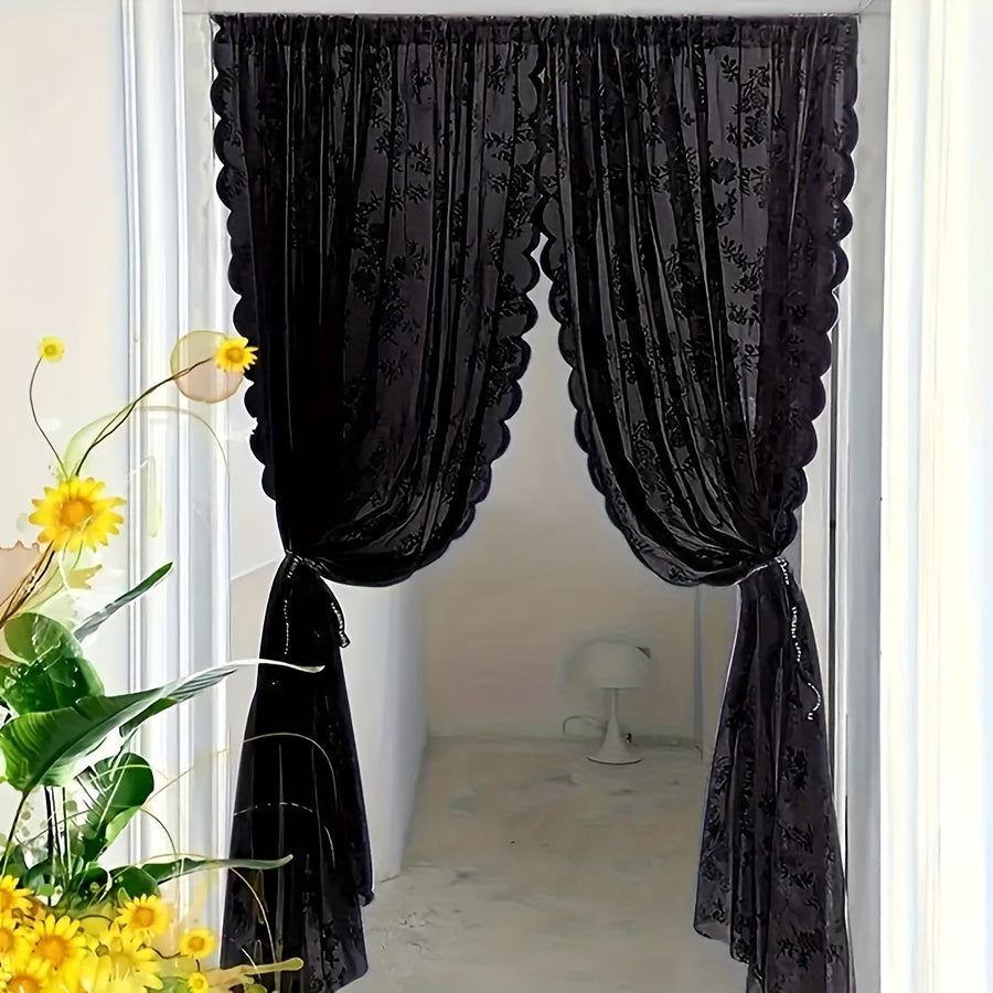 Vintage Lace Door Curtain with Wave Edge – Semi-Sheer Floral Embroidered Rod Pocket Panel for Home, Hallway & Outdoor | White, Black & Green
