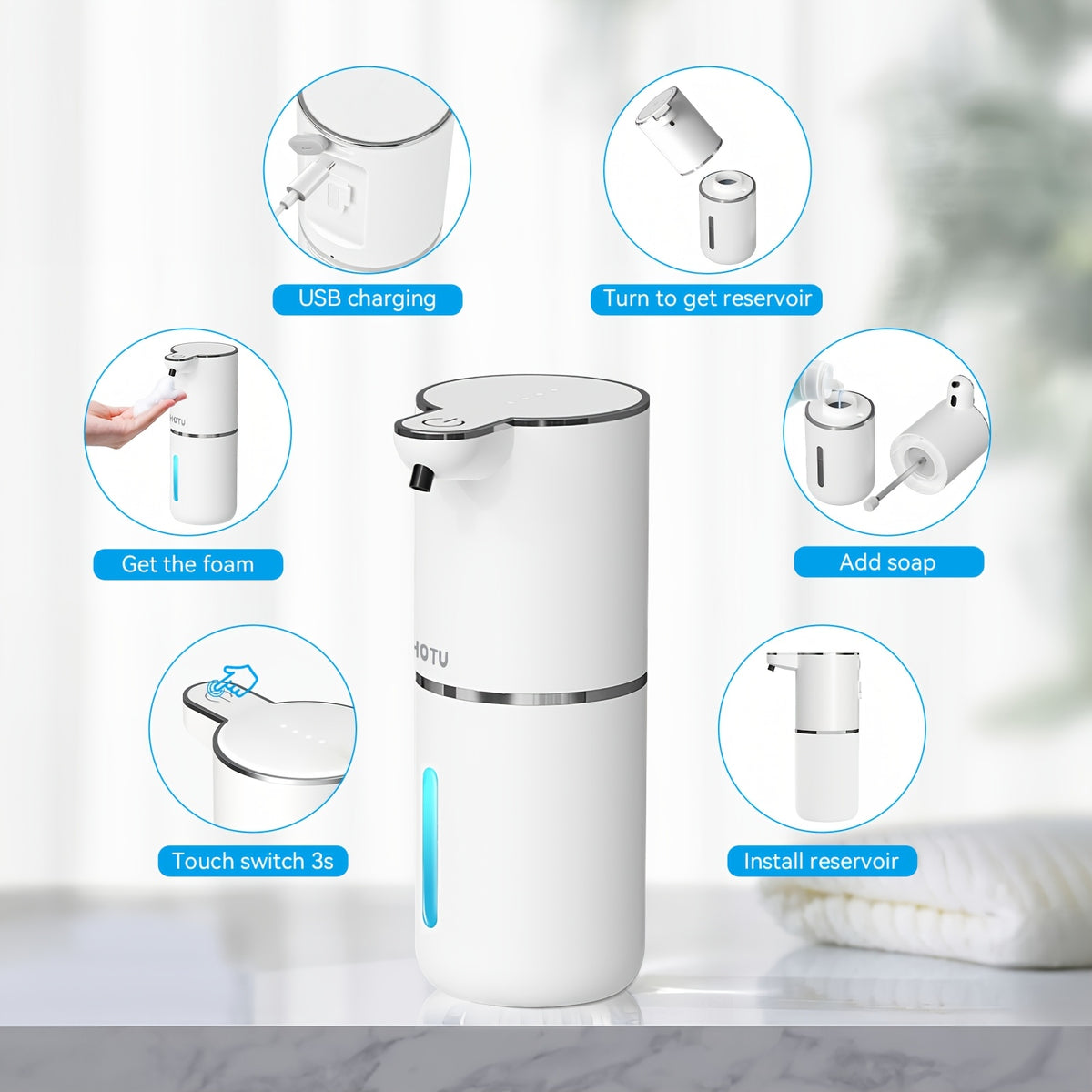 Automatic Soap Dispenser, USB Rechargeable Touchless Electric Soap Dispenser – Wall Mount or Desktop, Bathroom & Kitchen, Black or White