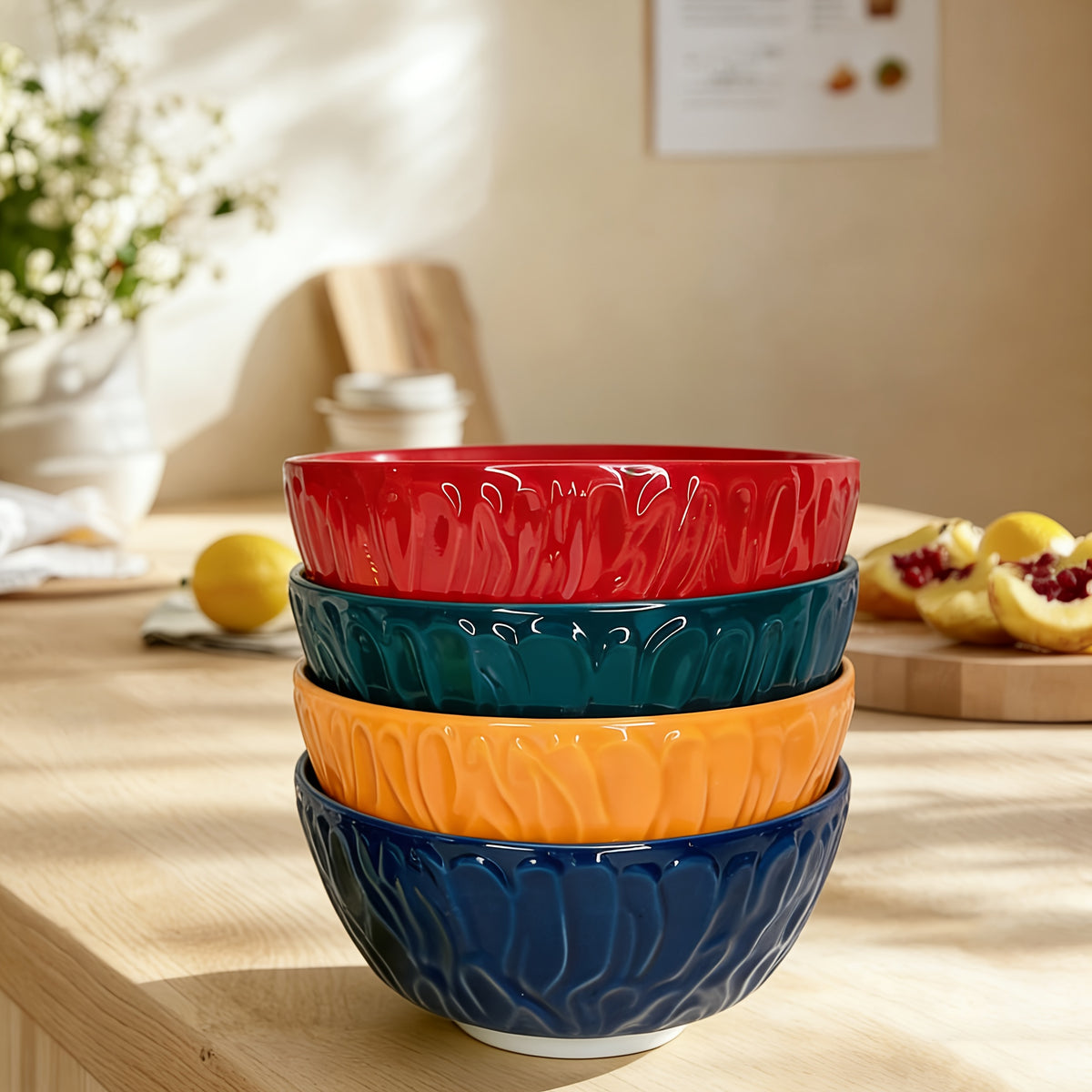 Bohemian Ceramic Salad Bowl Set of 4 with Wavy Edges 6.5" – Microwave Safe Vintage Floral Bowls for Pasta, Soup, Oatmeal & Cereal – Gift-Ready Dinnerware