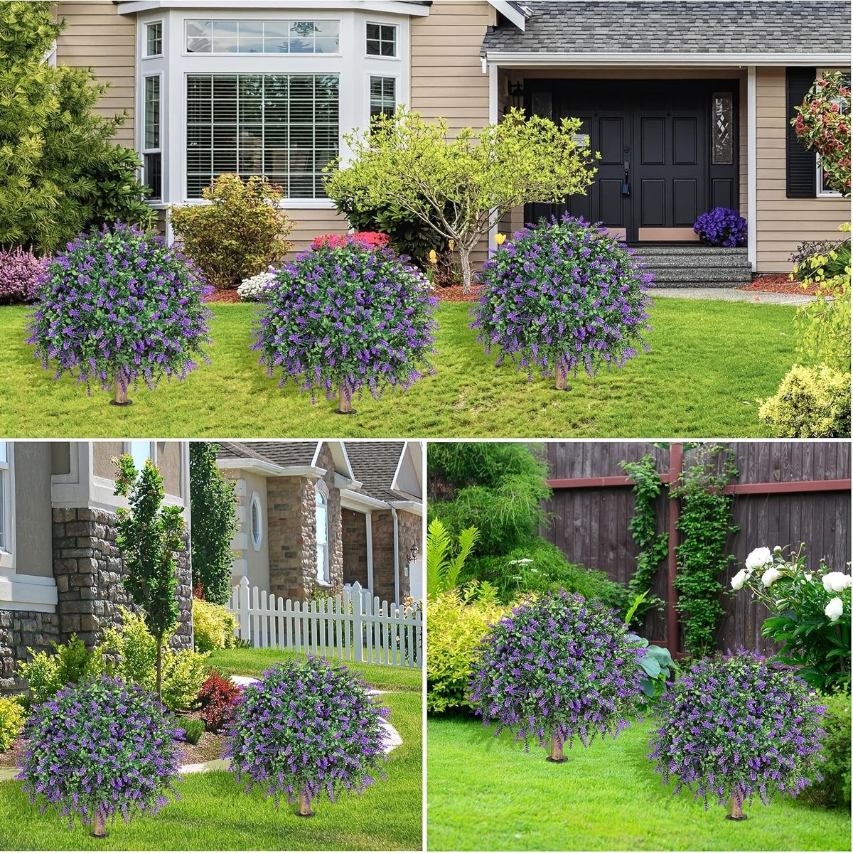 Artificial Lavender Topiary Ball Trees 2 Pack with Ground Spike – UV Resistant Faux Cedar Evergreen Shrubs for Outdoor Front Porch, Garden, Backyard & Indoor Home Decor