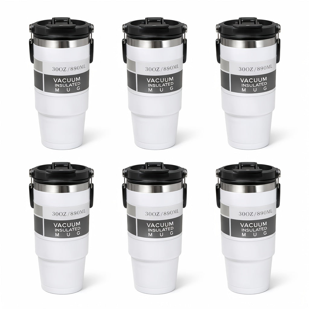 30oz Stainless Steel Insulated Tumbler 6-Pack with Handle, Lid & Straw – Double Wall Vacuum Travel Cups, Colorful Gift Set for Coffee, Cold Drinks & Daily Use | Black, Red, White & More