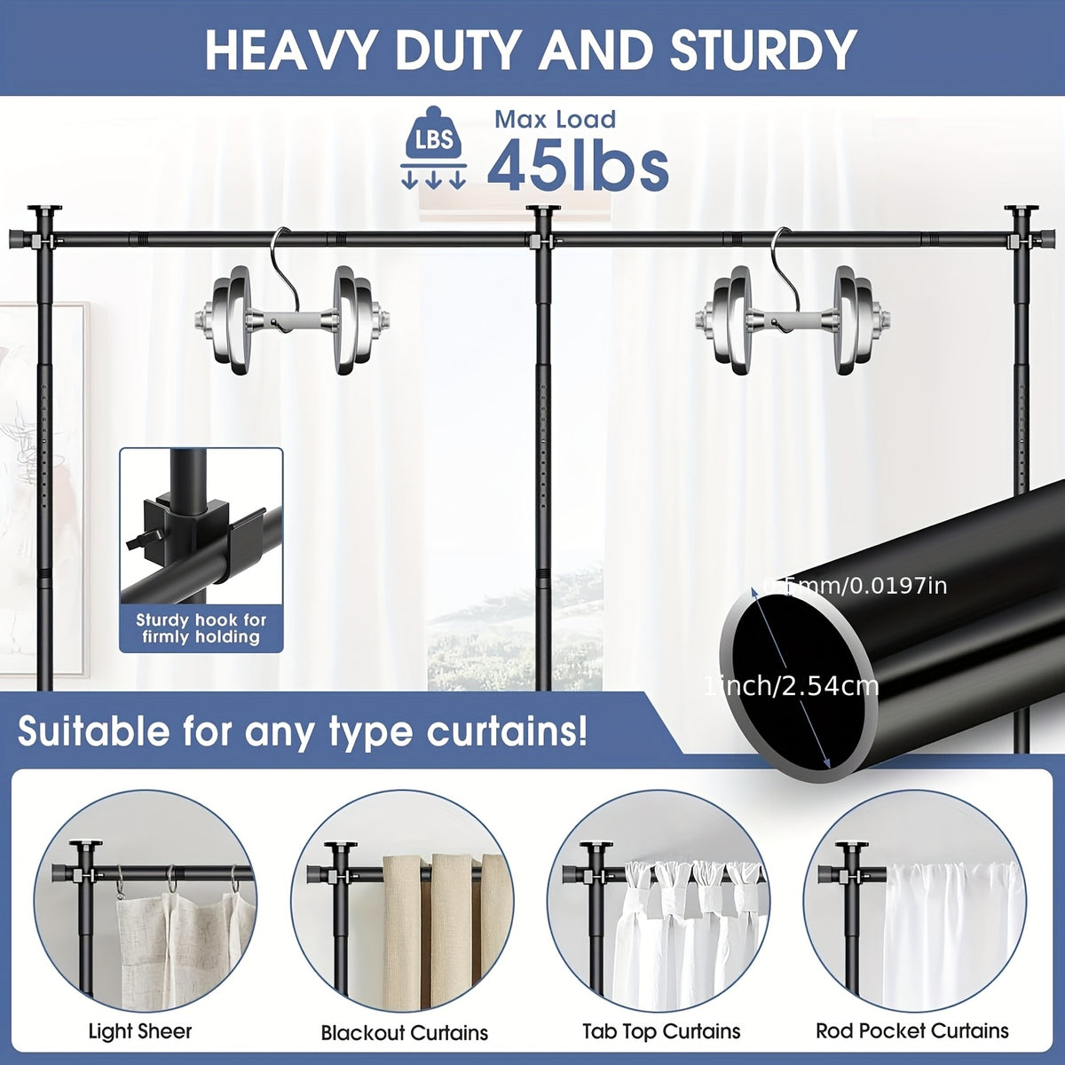 Room Divider Curtain No Drill Floor to Ceiling Tension Rod Adjustable Privacy Screen 4-10ft Height 29-146in Width Metal Frame Bedroom Office Renters Black