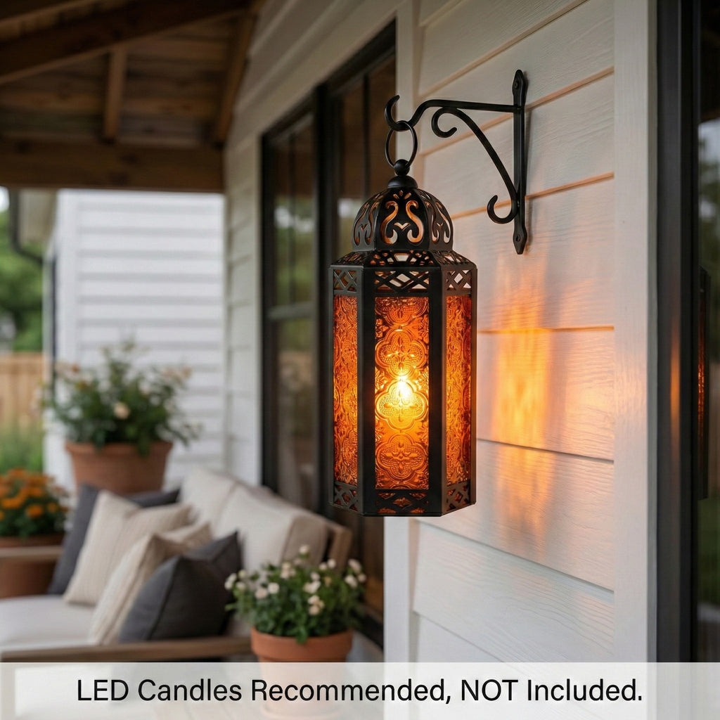 Moroccan Candle Lantern Holder Medium 10.5 Inch – Handcrafted Glass Iron Metal Lantern with Embossed Floral Panels, 17 Colors, Indoor Outdoor Use for Ramadan, Wedding, Patio, Diwali & Home Decor