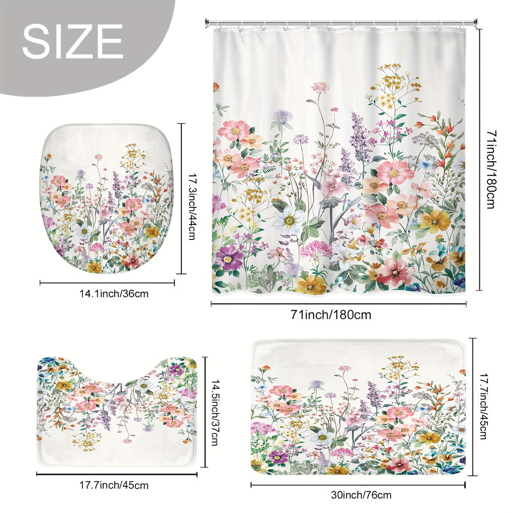 Wildflower Shower Curtain Set 4 Piece – Watercolor Lavender Lilac Floral Bathroom Decor with Non-Slip Mat, Toilet U-Shape Mat & Lid Cover + 12 Hooks | Botanical Bath Set